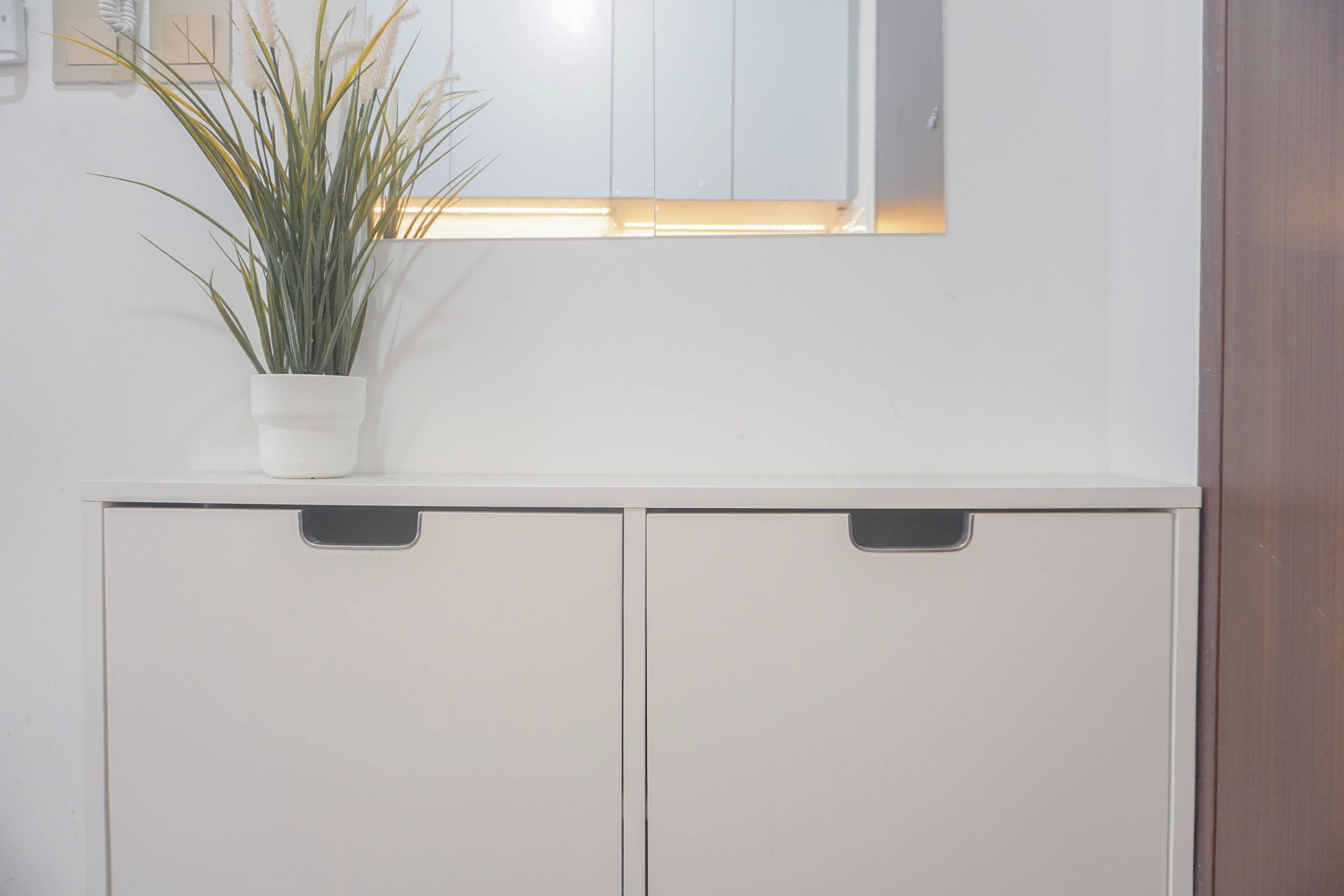 Un meuble blanc à deux portes, sur lequel est posée une petite plante en pot.