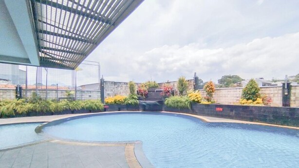 A rooftop swimming pool with a curved design, surrounded by greenery and a stone wall.
