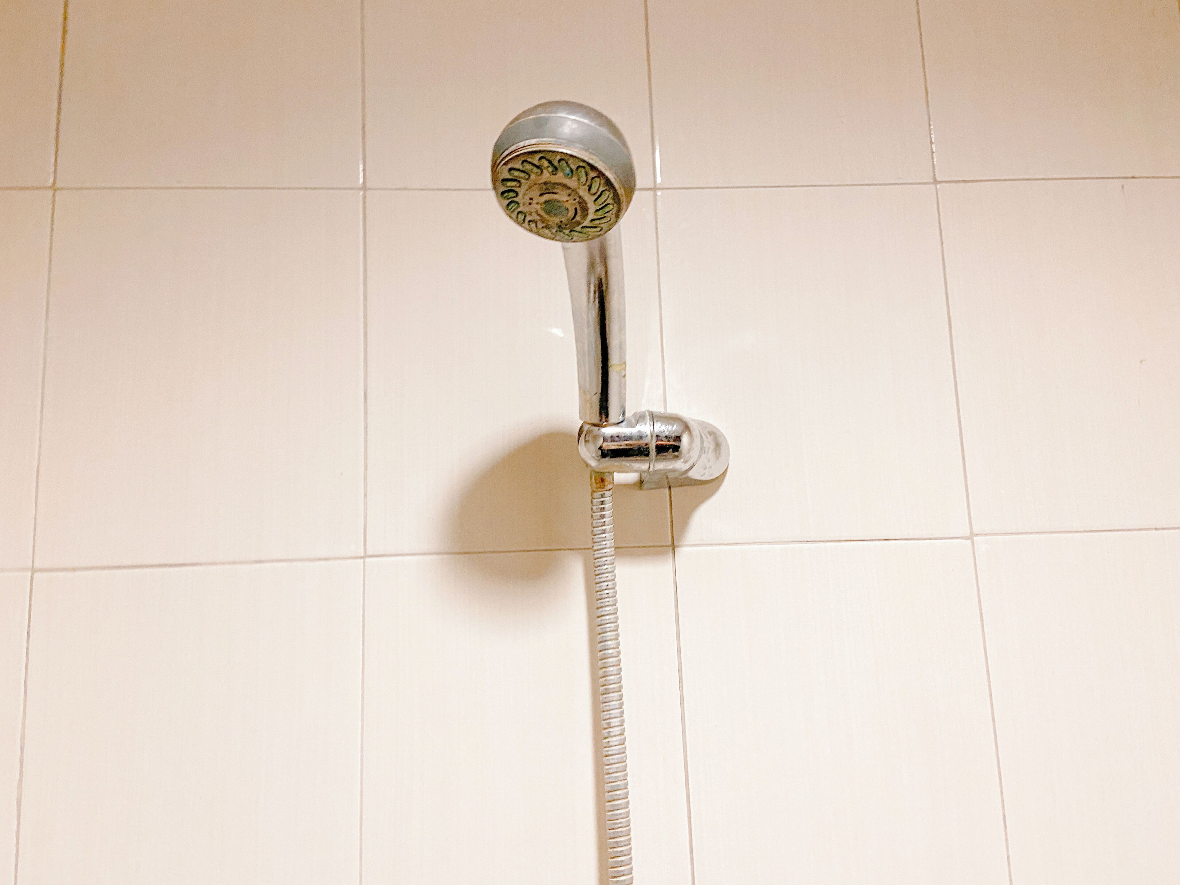 A showerhead with a flexible hose against a tiled wall.