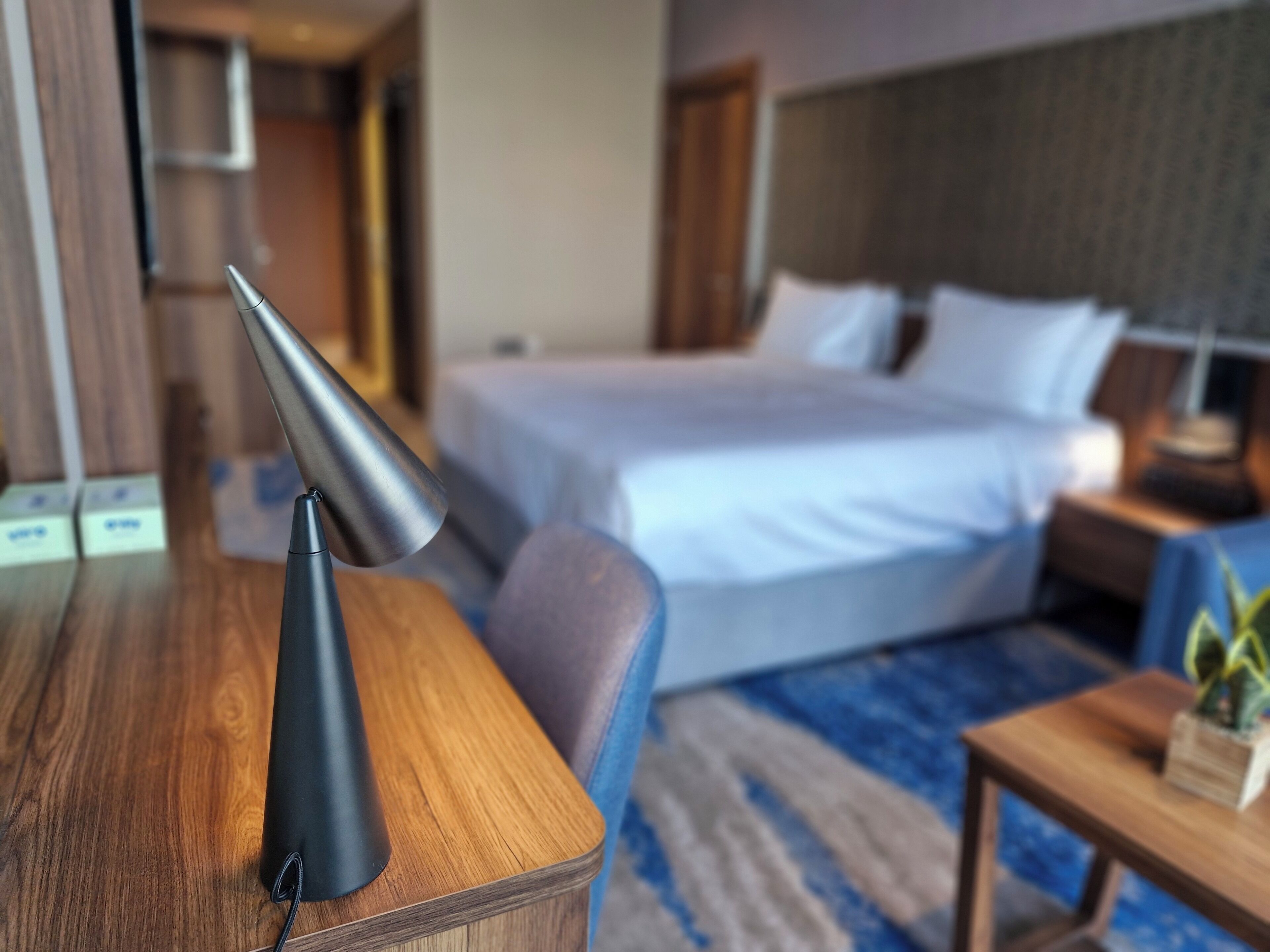 Une chambre d’hôtel avec un lit, une table de chevet, une lampe et une petite table sur laquelle est posée une plante.
