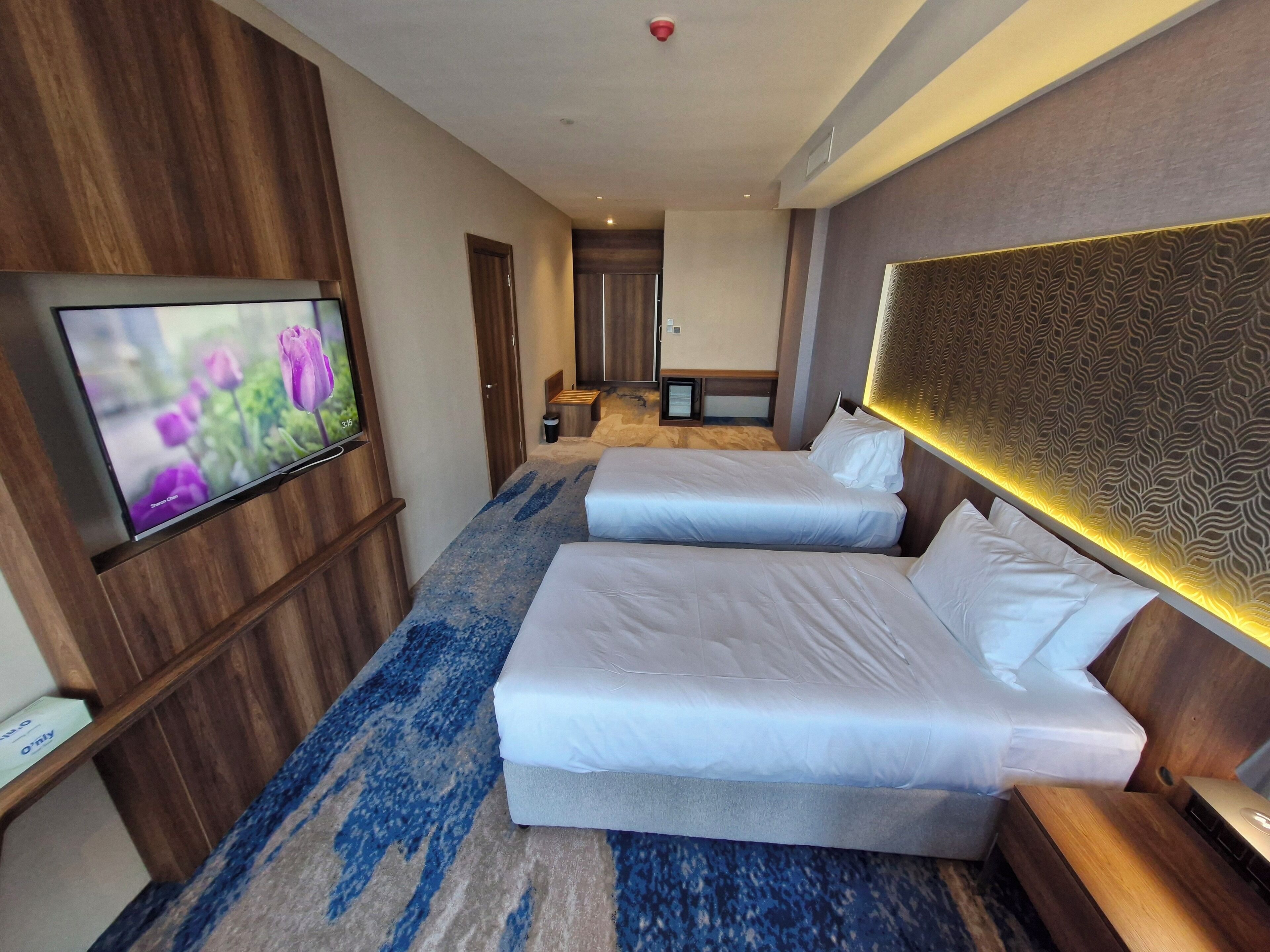 Une chambre d’hôtel avec deux lits, un téléviseur fixé au mur et une moquette à motifs.