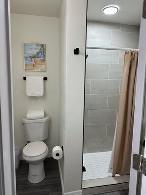 Chuveiro, secador de cabelo, toalhas de banho, sabonete