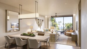 A modern living room with a dining area, large windows with a view of palm trees, and a ceiling fan. - Grand Hyatt Grand Cayman Resort & SPA (Seven Mile Beach)