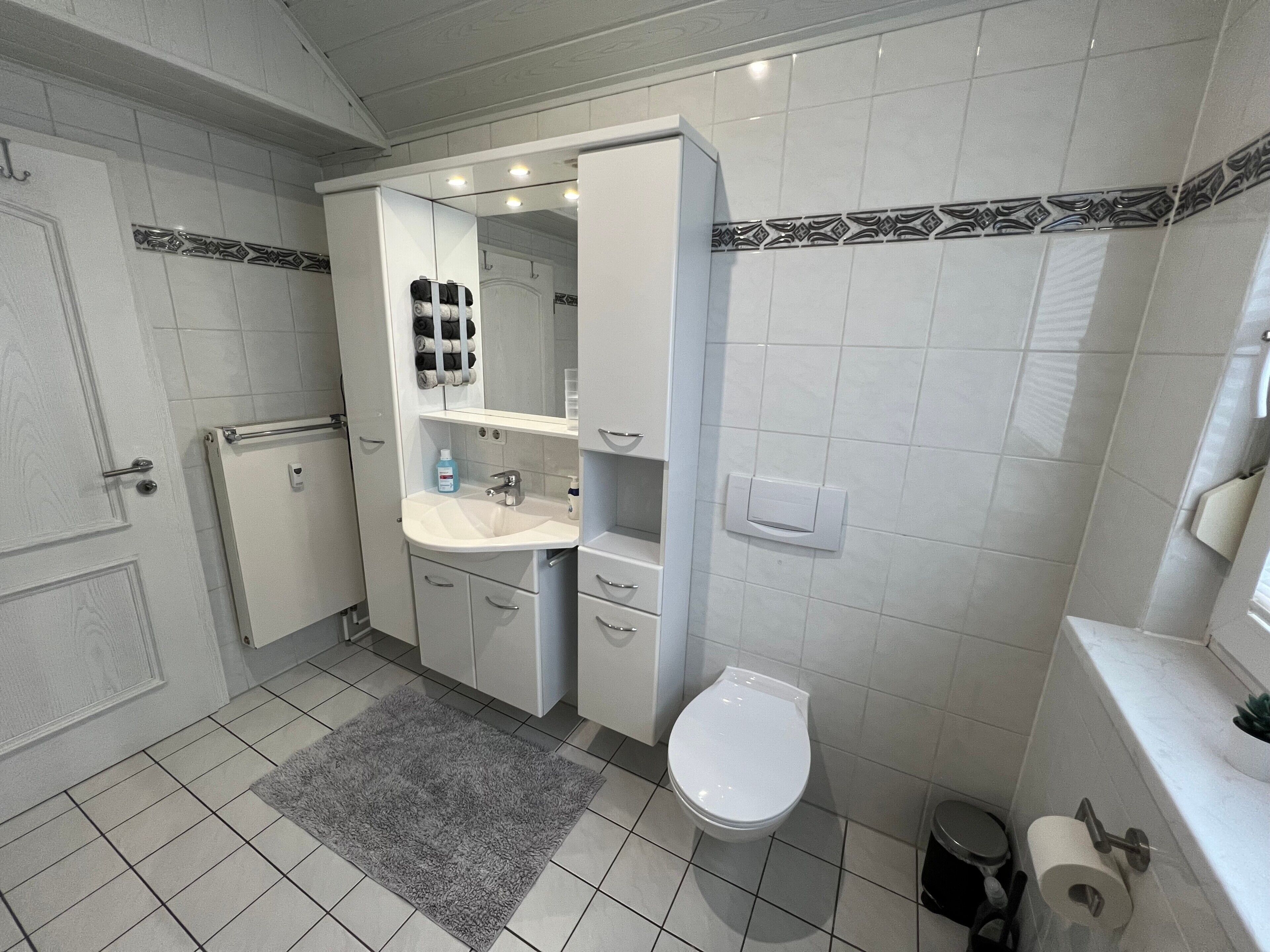 Shower, hair dryer, towels