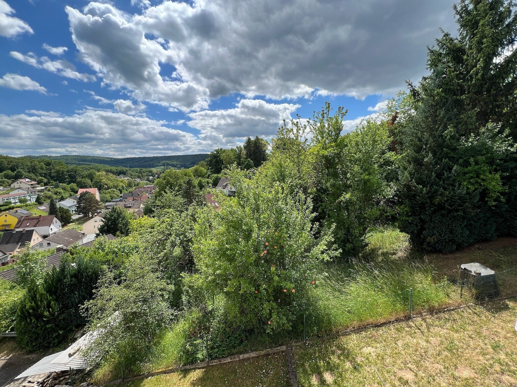 Zona residencial com casas, muita vegetação e céu claro.