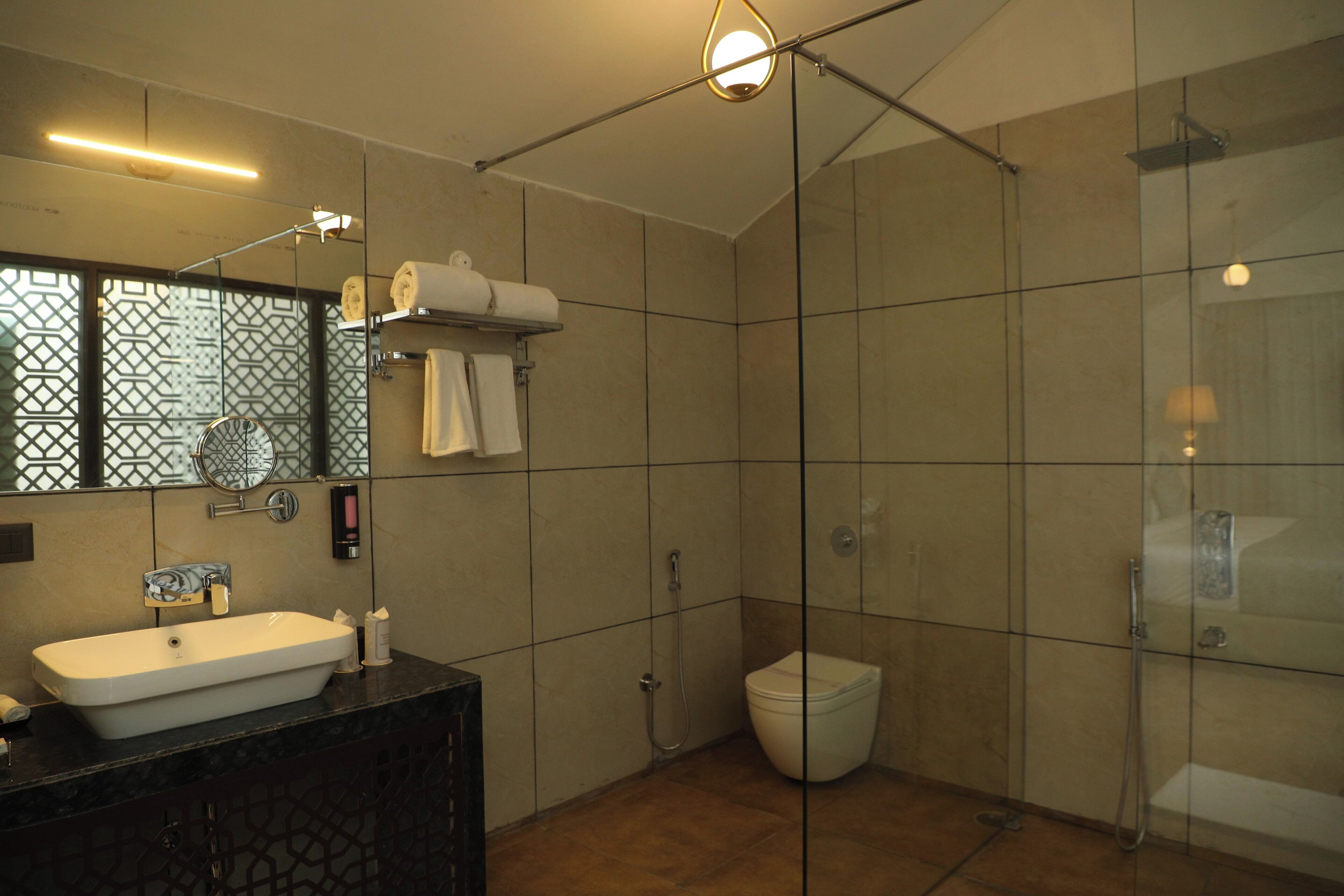 A modern bathroom with a glass shower enclosure, a white sink, and a toilet.