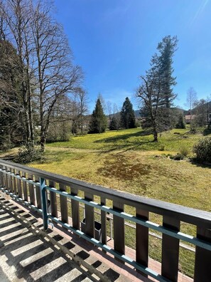 A park with a paved walkway and a railing.