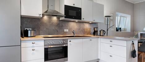 Frigorífico, microondas, horno y placa de cocina