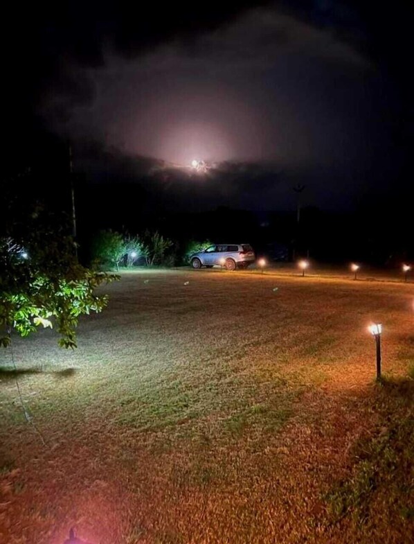 A nighttime scene with a car parked in a driveway, surrounded by trees and illuminated by streetlights. - Jungle Book - A Nature Escape (Sawai Madhopur)