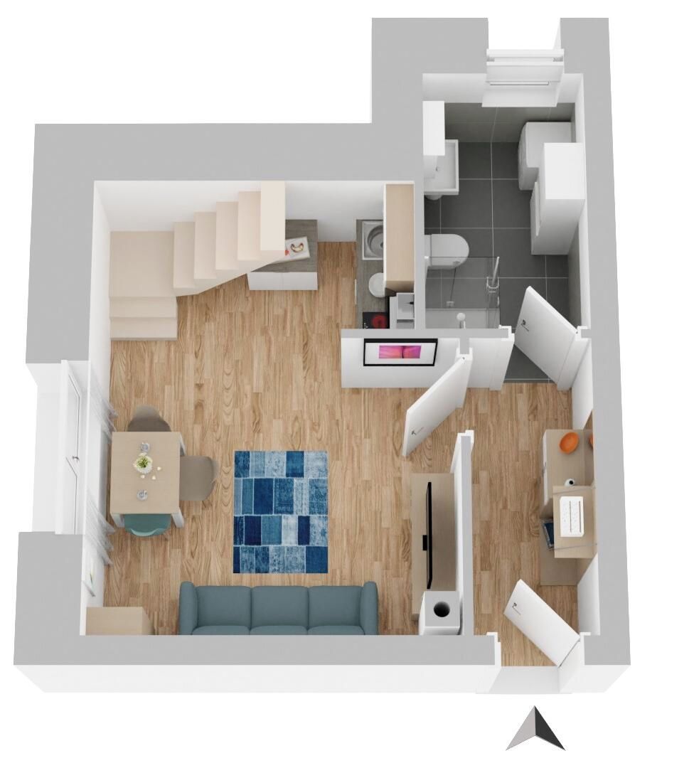 Un plan d’étage en 2D d’un appartement moderne comprenant un salon, une cuisine et une salle de bain.