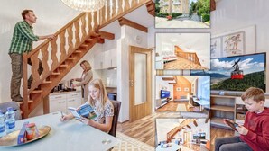 A modern interior with a staircase, a dining area with a table, and a living room with a sofa.