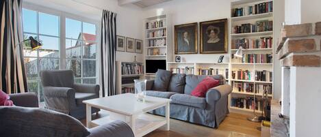 Télévision, cheminée, lecteur de DVD, chaîne hi-fi