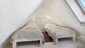 A triangular attic bedroom with two beds, a window, and a skylight. - Holiday Apartment 'Jägerkate' with Private Terrace, Shared Garden and Wi-Fi (Walkendorf)