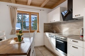 Fridge, oven, stovetop, dishwasher - Apartment 'Leibgeding' with Mountain View, Shared Terrace and Wi-Fi (Alpirsbach)