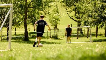 A soccer field with goalposts and a net, surrounded by trees and grass.