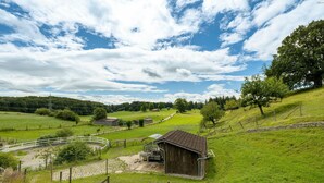 A rural landscape with a wooden barn, a dirt path, and a fenced area. - Apartment '4 Zimmer' with Shared Terrace, Shared Garden and Wi-Fi (Seeshaupt)