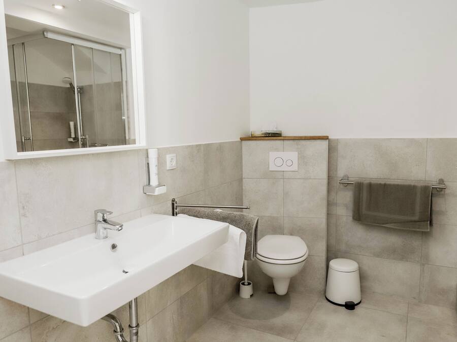 A modern bathroom with a white sink, a toilet, and a glass shower enclosure.