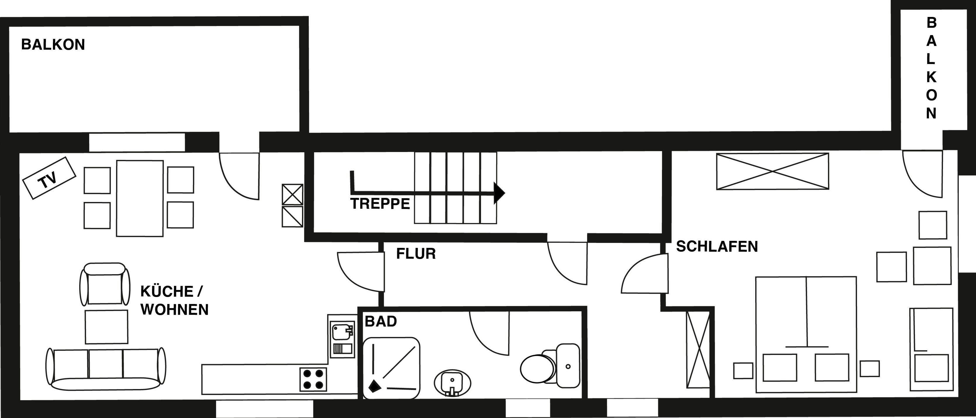 A hotel layout with a balcony, TV, kitchen, living area, bathroom, and shower.