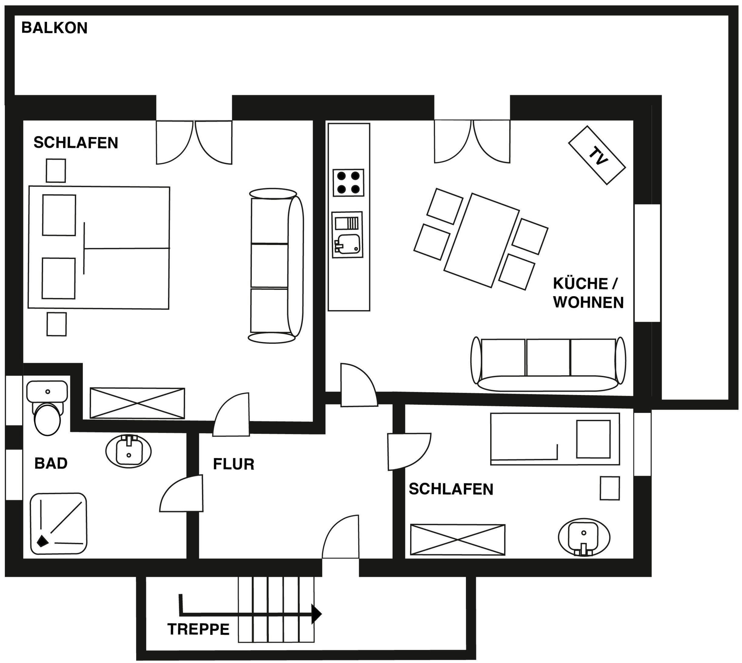 A hotel floor plan with multiple bedrooms, a bathroom, a kitchen, a TV, and a staircase.