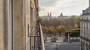 Vista desde una ventana de un edificio, con una calle urbana y edificios históricos, además de un parque.