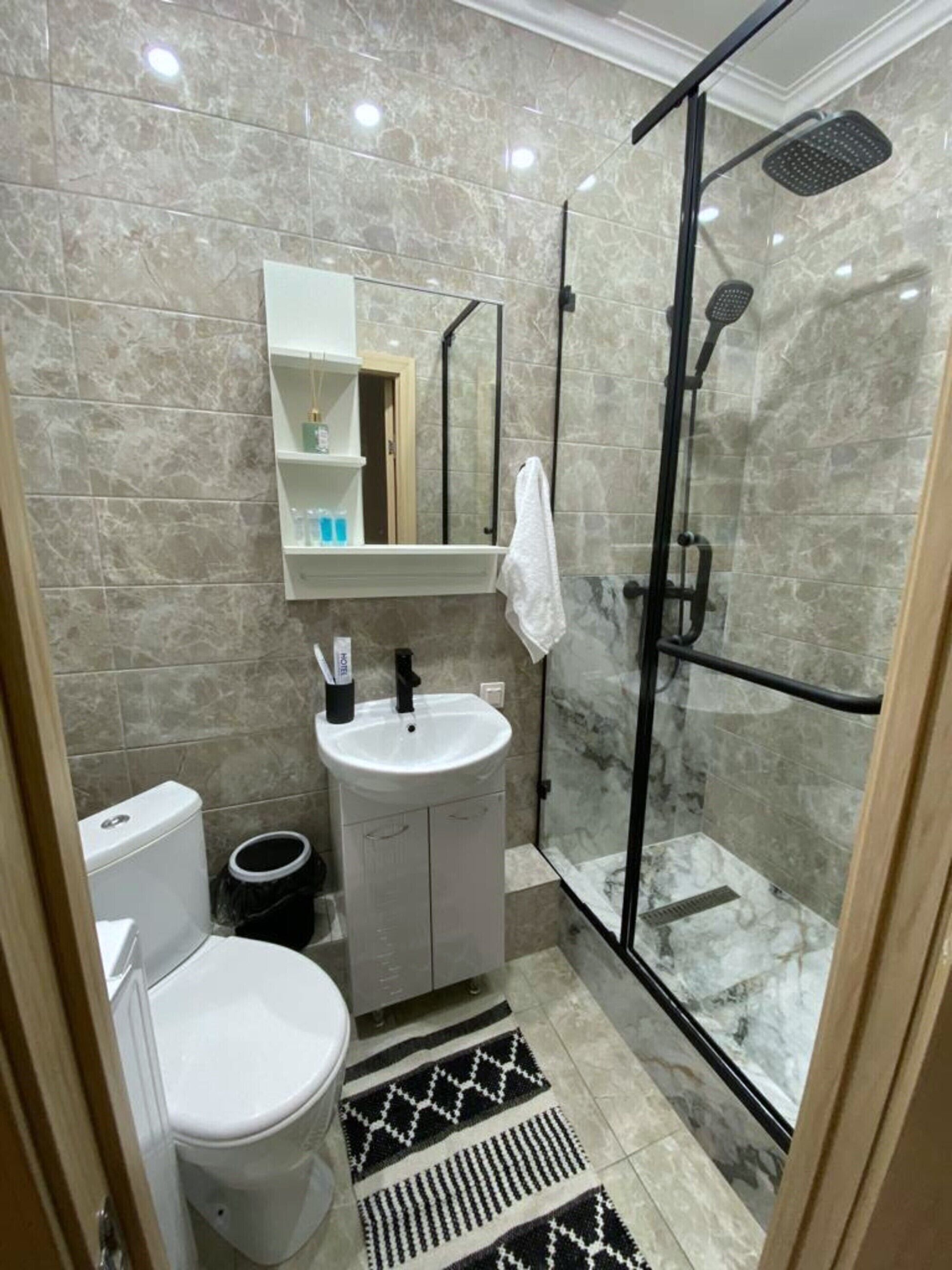 Hair dryer, towels, soap, toilet paper