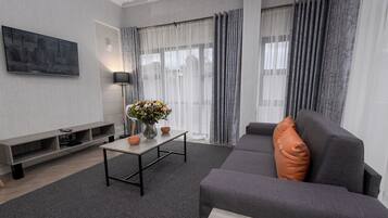 A modern living room with a grey sofa, a coffee table, a TV mounted on the wall, and a window with curtains.