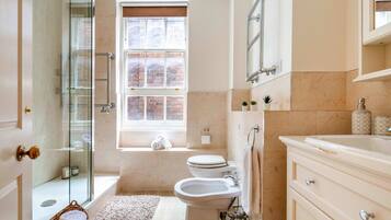 Shower, hair dryer, bidet, towels