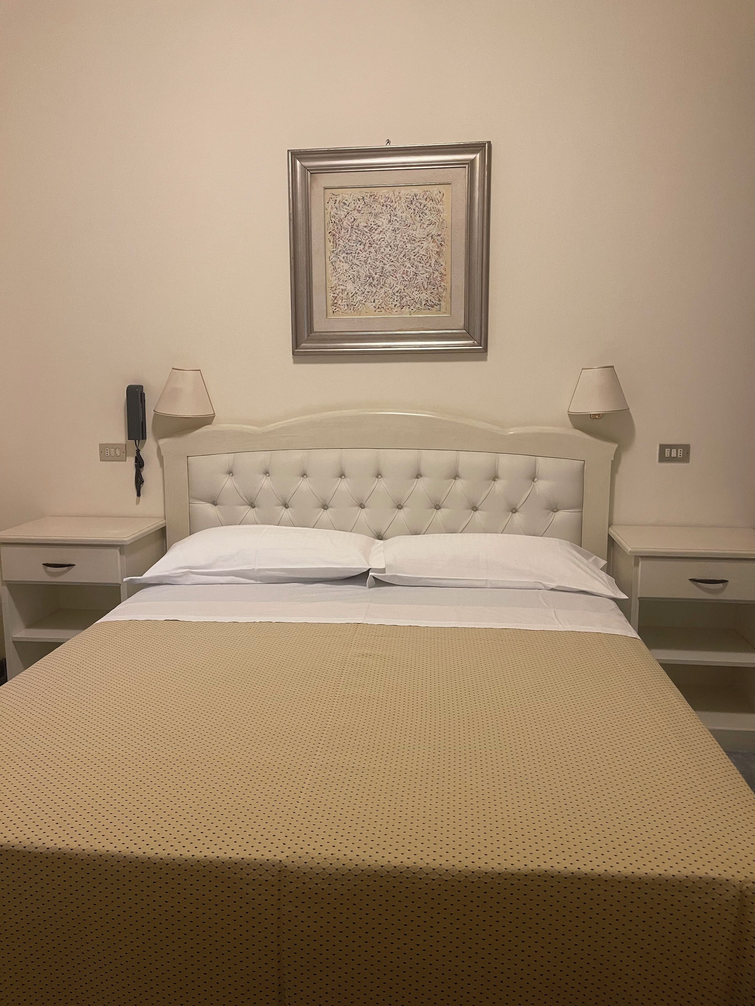 A neatly made bed with a tufted headboard, two bedside tables with lamps, a power outlet, and a framed picture on the wall.