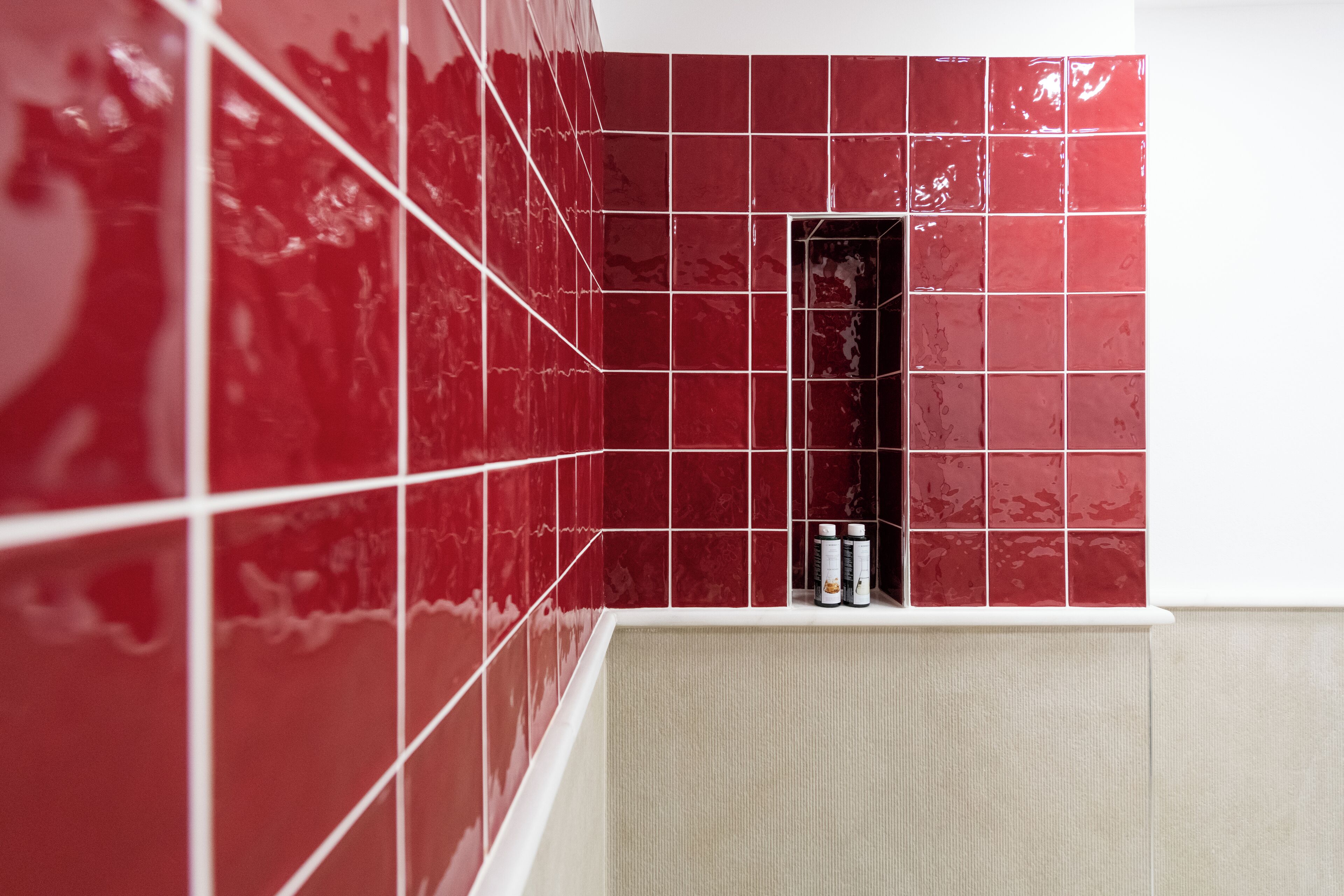 Un bagno con piastrelle rosse, un portasciugamani color beige e due bottiglie sul ripiano.