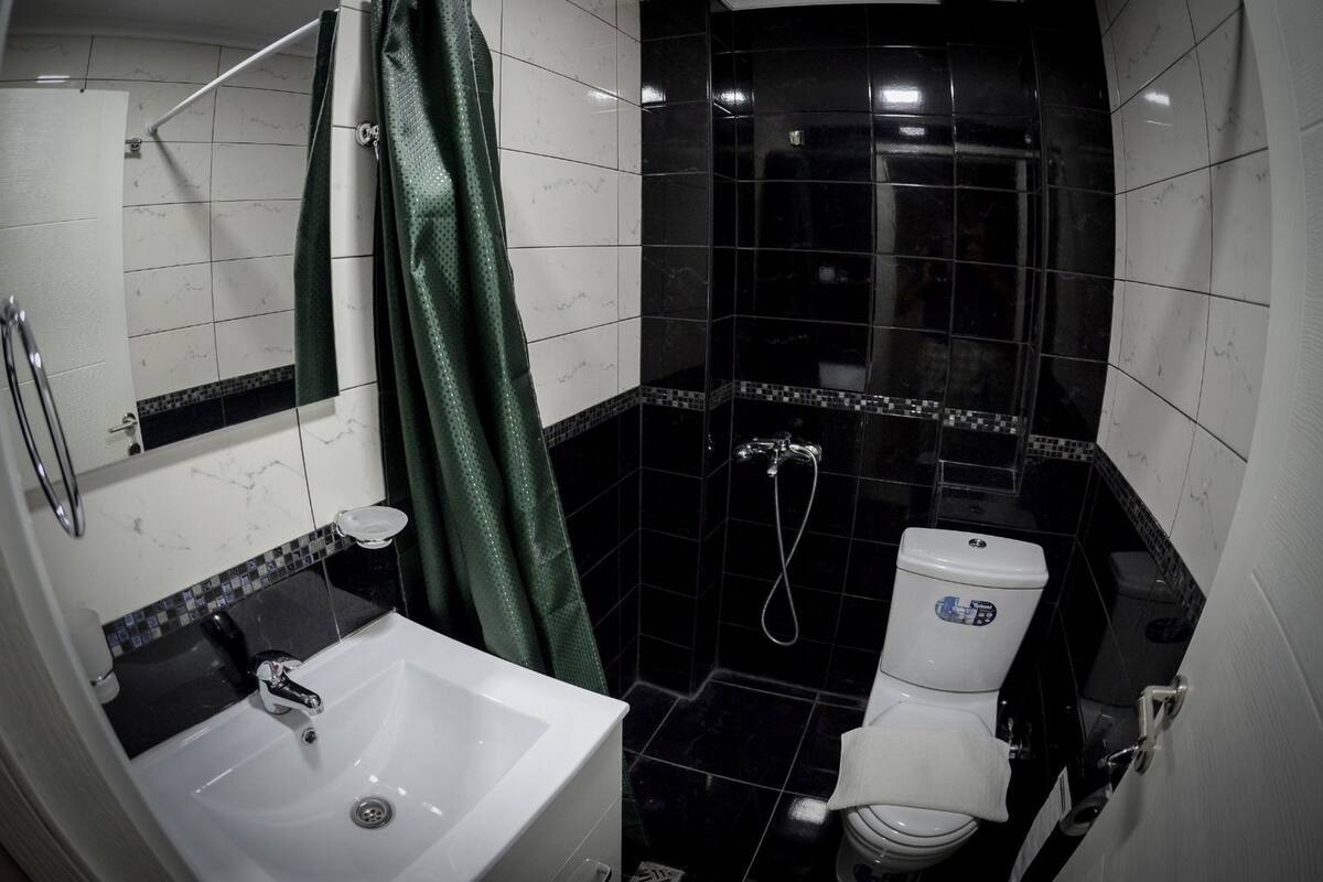 A compact bathroom with a white sink, a toilet, and a shower area.