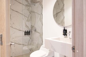 Dusche, Haartrockner, Handtücher, Shampoo