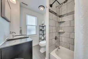 Hair dryer, towels, soap, shampoo