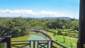 Vista desde un espacio cubierto con vista a un estanque, exuberante vegetación y colinas distantes.