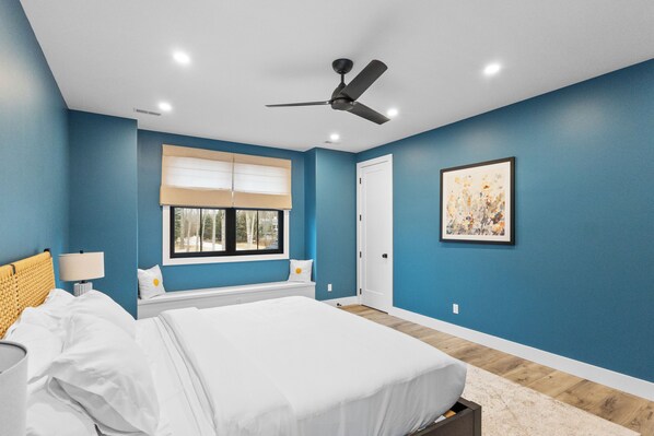 Cozy bedroom on the upper level - Serenity Now: Grand Beach Retreat, Heated Spa Pool, Hot Tub, Sauna, Golf Cart (New Buffalo)