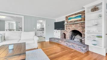 Smart TV, fireplace, DVD player, books