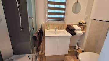 Shower, hair dryer, towels, soap
