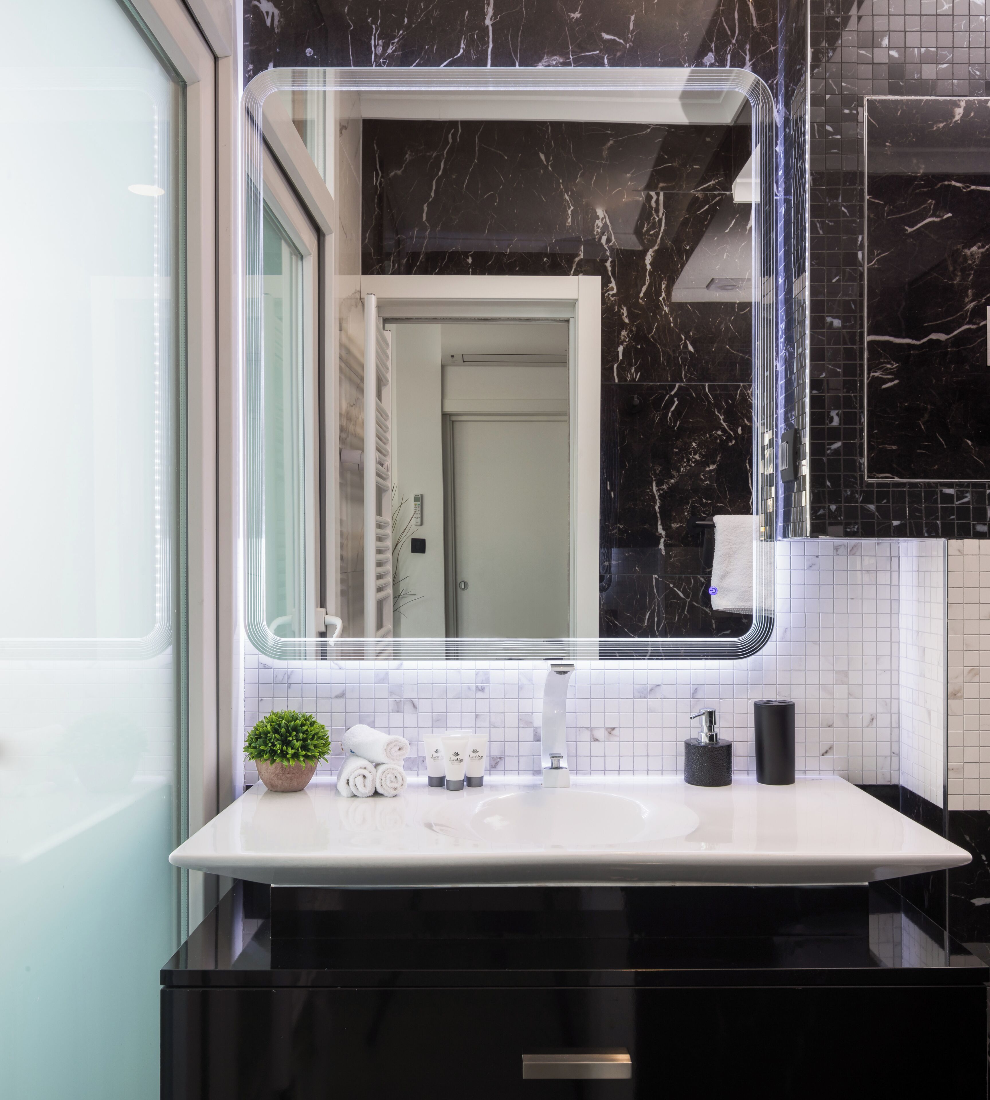 Un baño con un espejo grande, lavabo blanco, salpicadero de mármol negro y una pequeña planta en maceta.