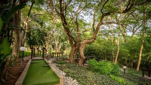 A wooden pathway leading to a green artificial turf area, surrounded by lush greenery and trees. - First Group Sanbonani Resort (Mbombela)