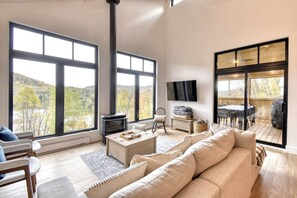 Télévision, cheminée, baby-foot, livres