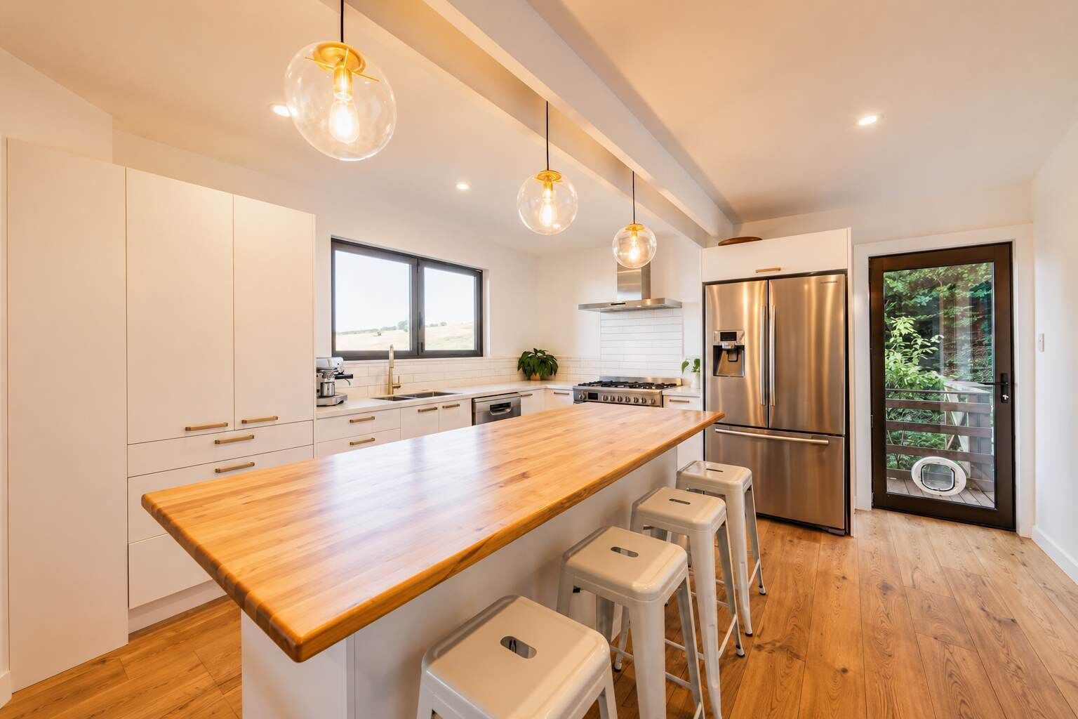 Une cuisine moderne avec un îlot central en bois, des appareils électroménagers en acier inoxydable et des luminaires suspendus.