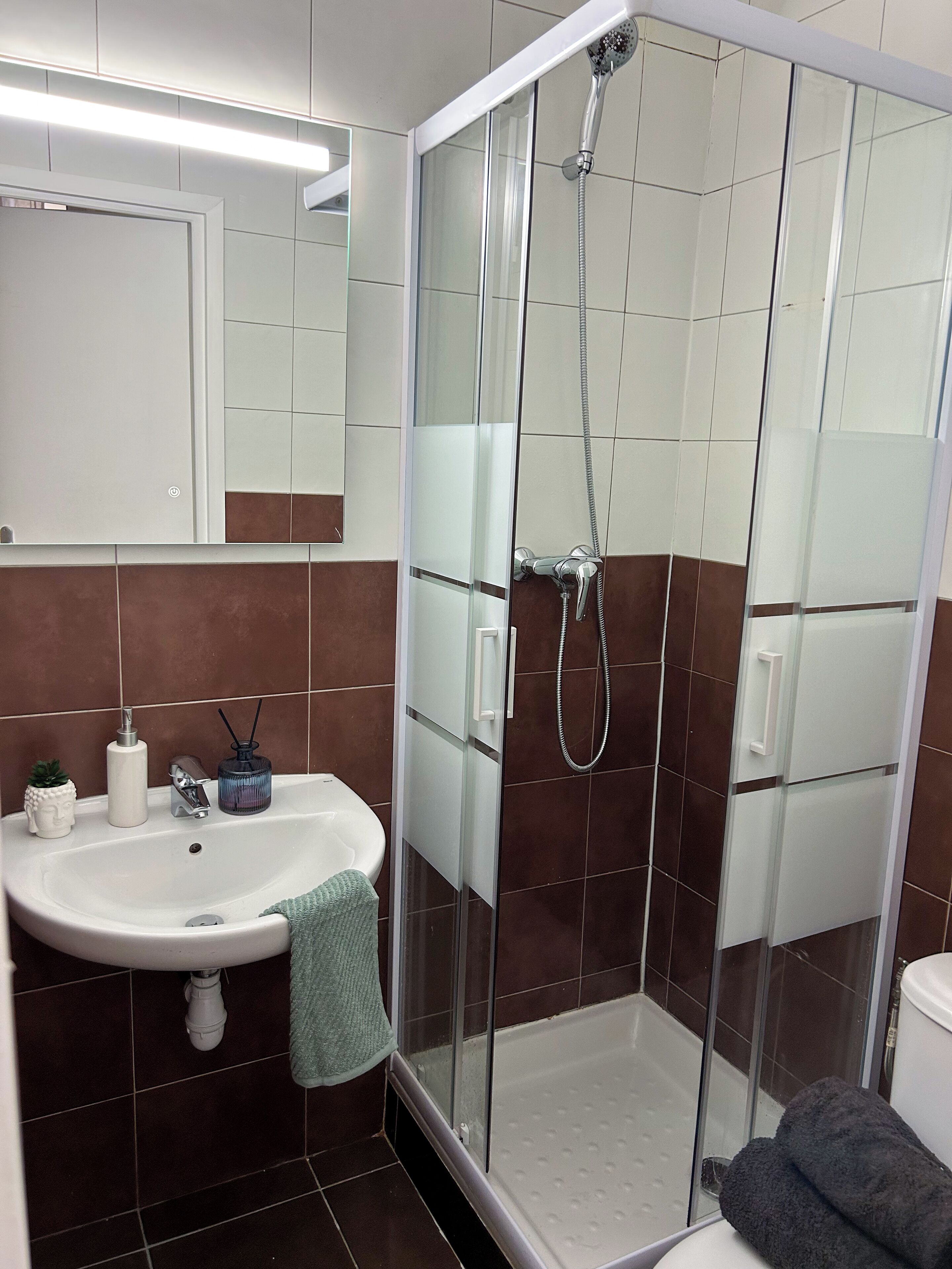 Douche, serviettes fournies, savon, papier toilette