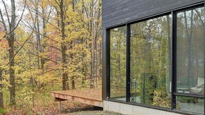 A modern building with large windows overlooking a forested area. - Chalet Black Box (Mansonville)