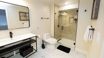 Hair dryer, towels, soap, toilet paper