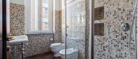 Shower, hair dryer, towels