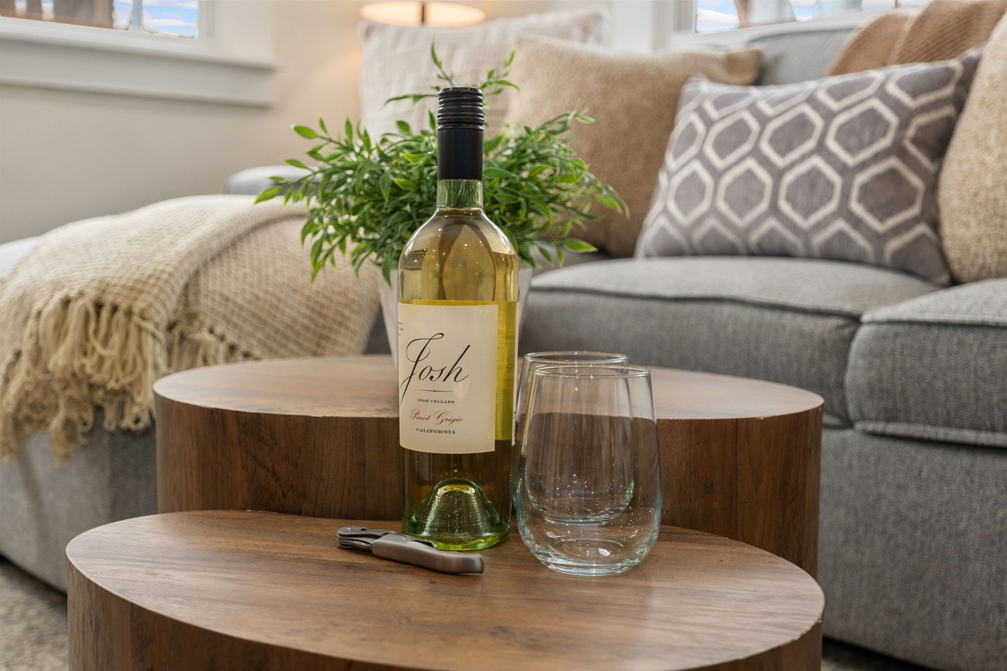 A bottle of wine and a glass on a wooden table in a living room with a sofa and a plant in the background.