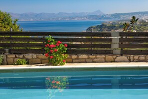 A pool with a view of the sea and mountains.