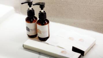 Douche, articles de toilette gratuits, sèche-cheveux, chaussons