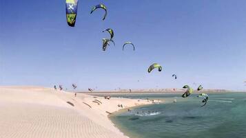 A beach with multiple kites flying, a sandy shore, and a calm sea.