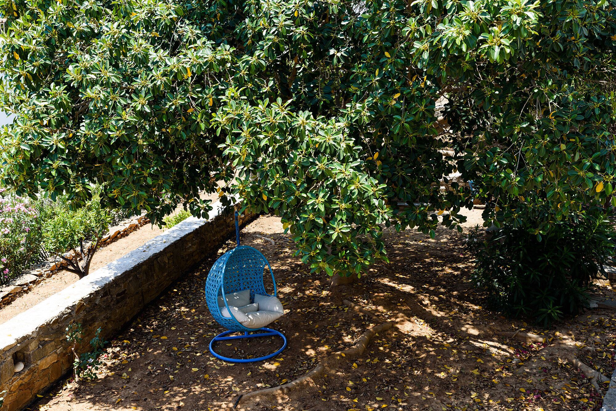 A blue hanging chair in a garden with dense foliage and a stone wall.