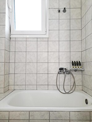 Hair dryer, towels, soap, toilet paper